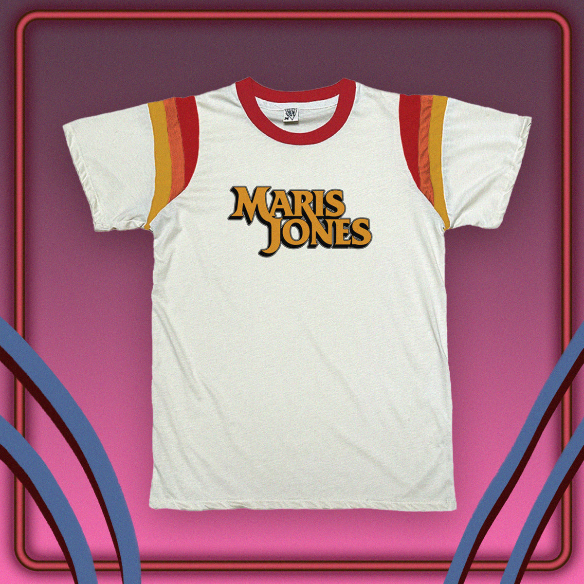 A white tshirt with red, orange and yellow shoulder stripes and a yellow maris jones logo